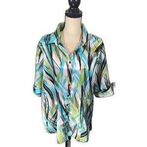 CATO Blouse Long Sleeve Multicolor Splotch Print Roll Tab Cuff Womans Size 22/24